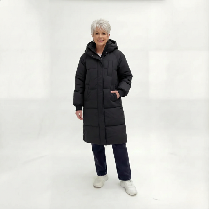 Margot | Women's Hooded Long Puffer Coat with Ribbed Cuffs