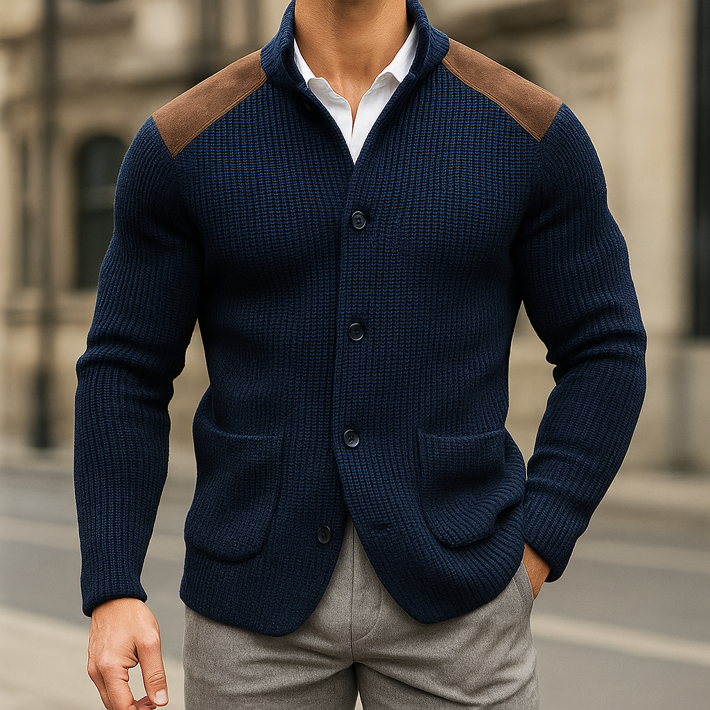 Sebastian | Men's Sweater Blazer Cardigan with Suede Shoulder Patches