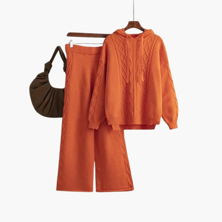 Delphine | Women's Cable Knit Hoodie Sweater Wide Leg Pants Set