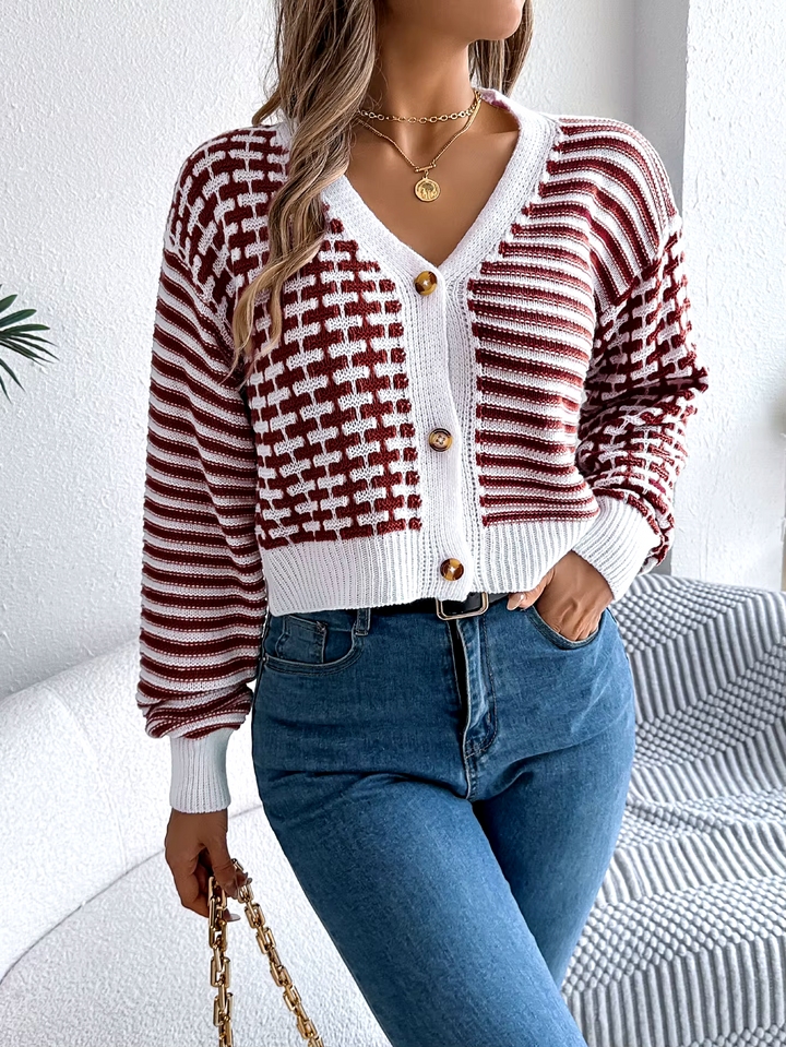 Pippa | Women's Cropped Striped Patchwork V Neck Knit Cardigan