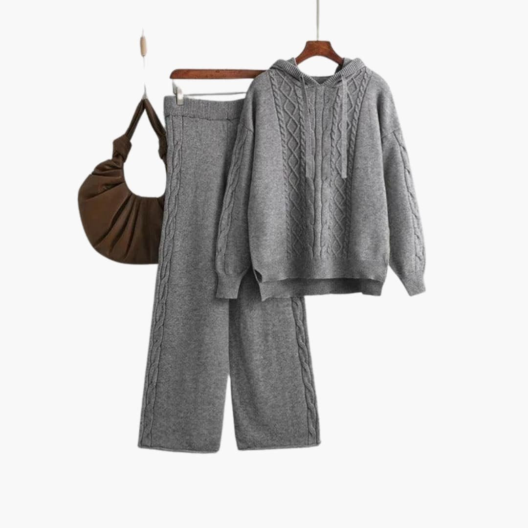 Delphine | Women's Cable Knit Hoodie Sweater Wide Leg Pants Set