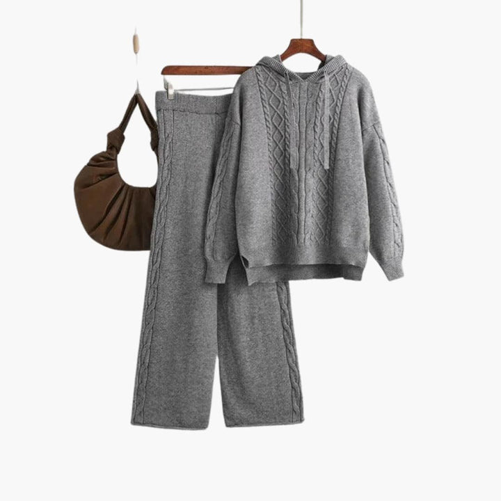 Delphine | Women's Cable Knit Hoodie Sweater Wide Leg Pants Set
