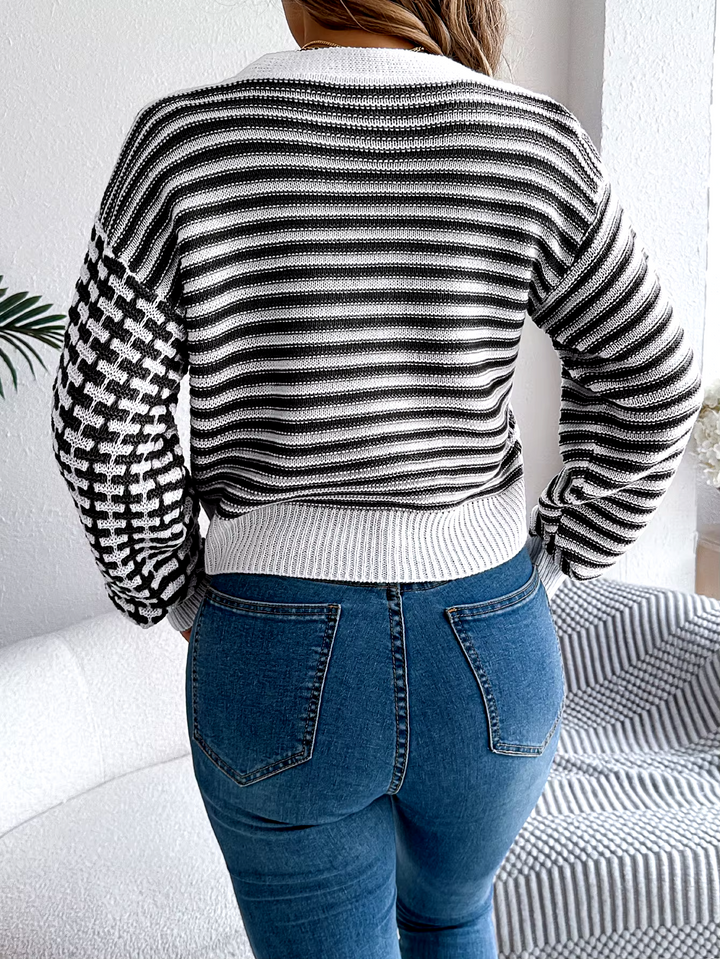 Pippa | Women's Cropped Striped Patchwork V Neck Knit Cardigan