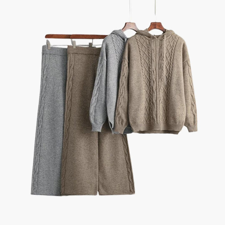 Delphine | Women's Cable Knit Hoodie Sweater Wide Leg Pants Set
