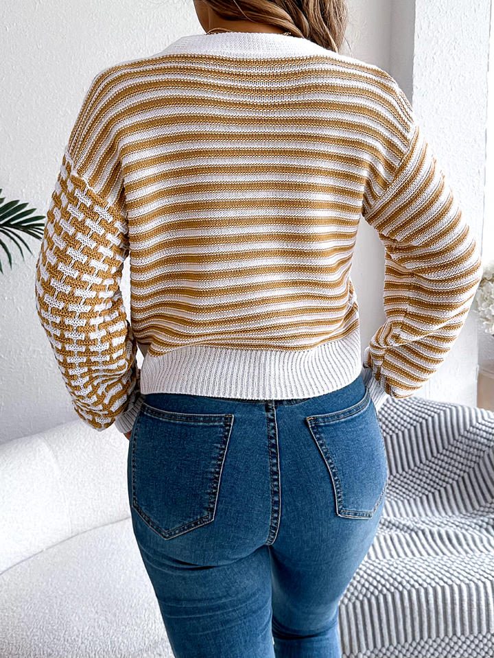 Pippa | Women's Cropped Striped Patchwork V Neck Knit Cardigan