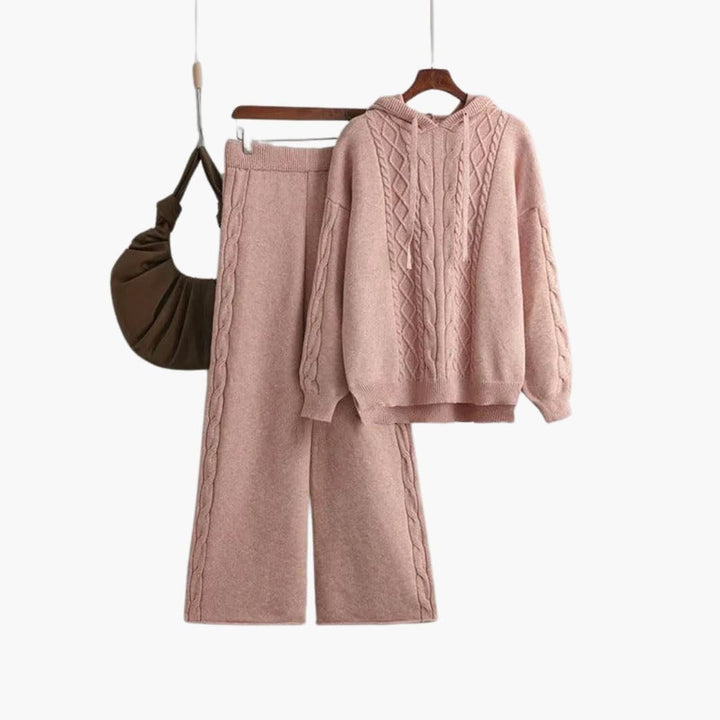 Delphine | Women's Cable Knit Hoodie Sweater Wide Leg Pants Set
