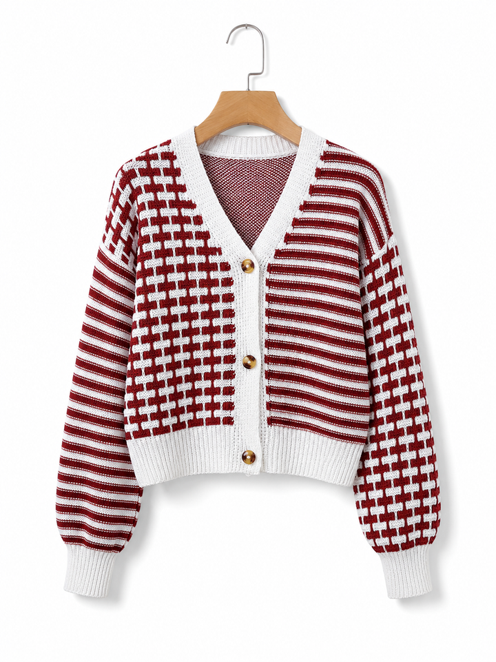 Pippa | Women's Cropped Striped Patchwork V Neck Knit Cardigan