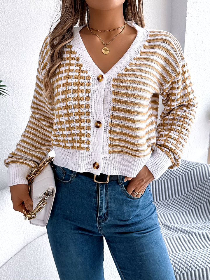 Pippa | Women's Cropped Striped Patchwork V Neck Knit Cardigan