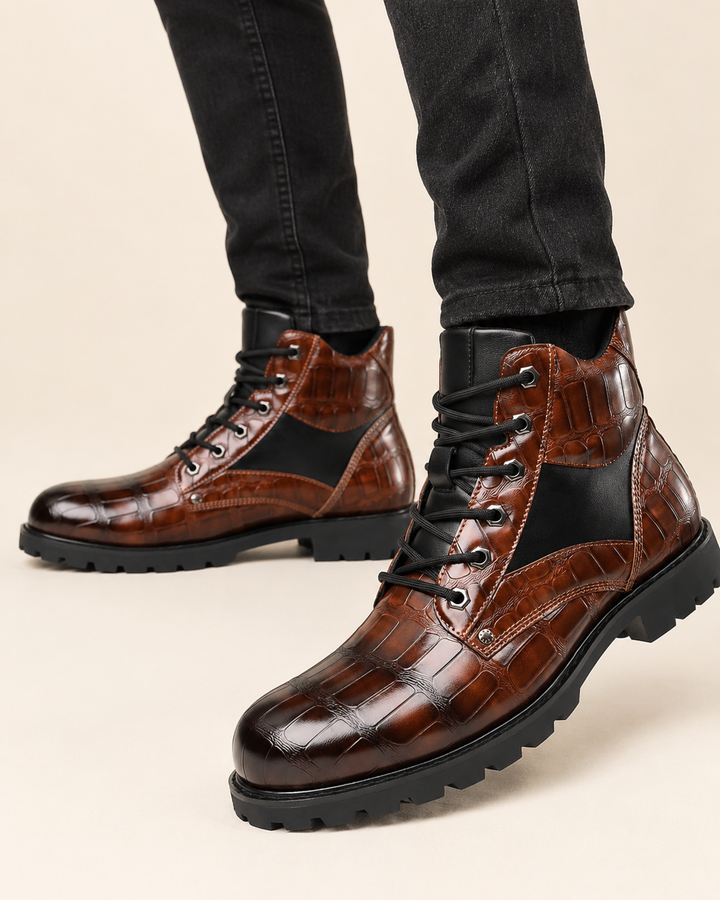 Desmond | Men's Croc Embossed Faux Leather Lace Up Ankle Boots