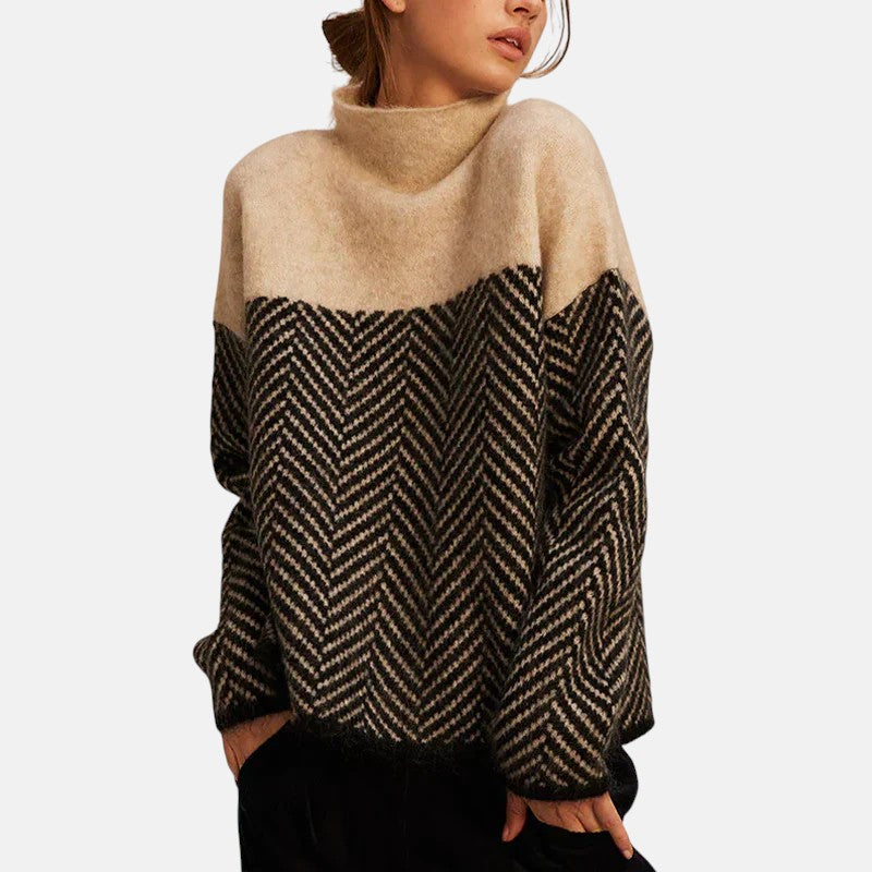 Isadora | Women's Herringbone Color Block Mock Neck Knit Sweater