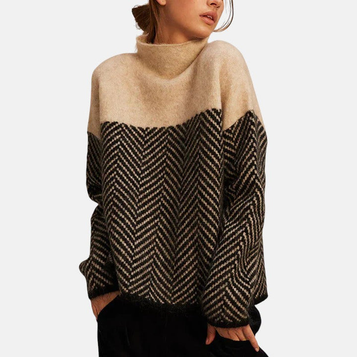 Isadora | Women's Herringbone Color Block Mock Neck Knit Sweater