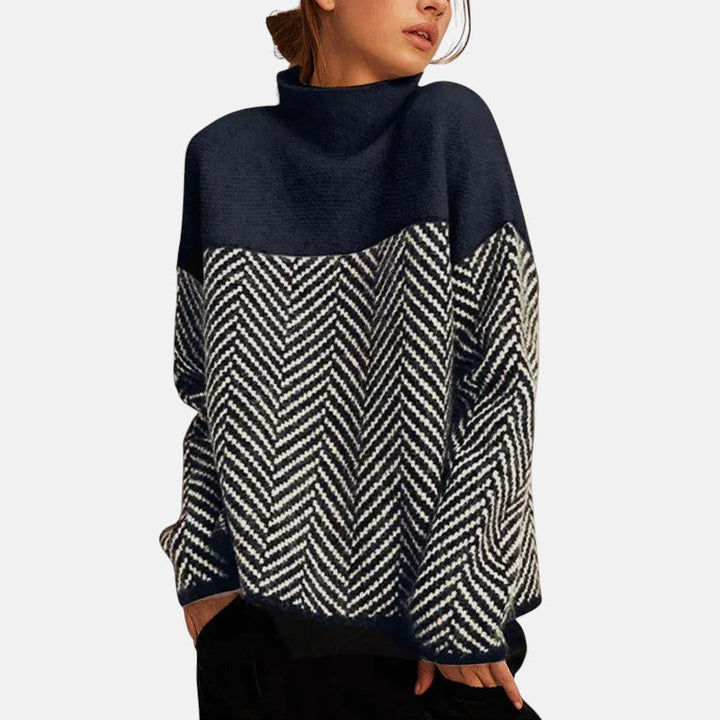 Isadora | Women's Herringbone Color Block Mock Neck Knit Sweater
