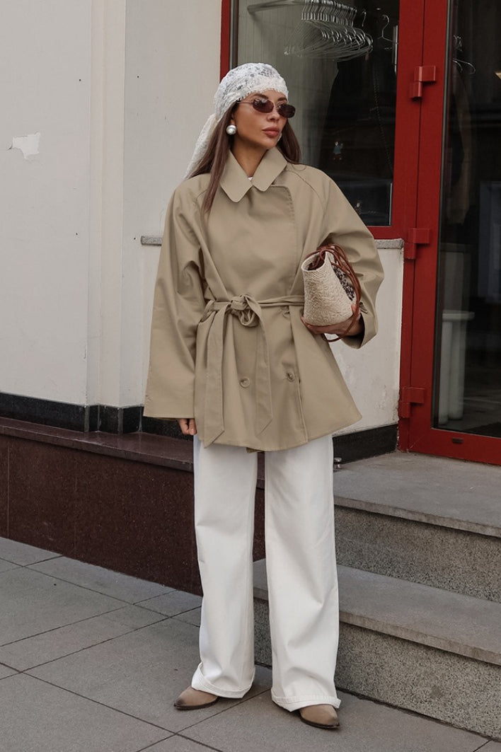 Genevieve | Women's Short Wrap-Belt Trench Jacket