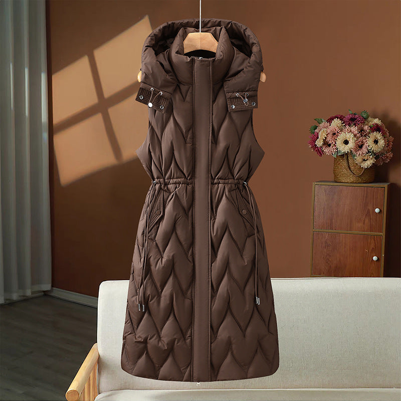 Astrid | Women's Long Quilted Puffer Vest with Hood and Drawstring Waist
