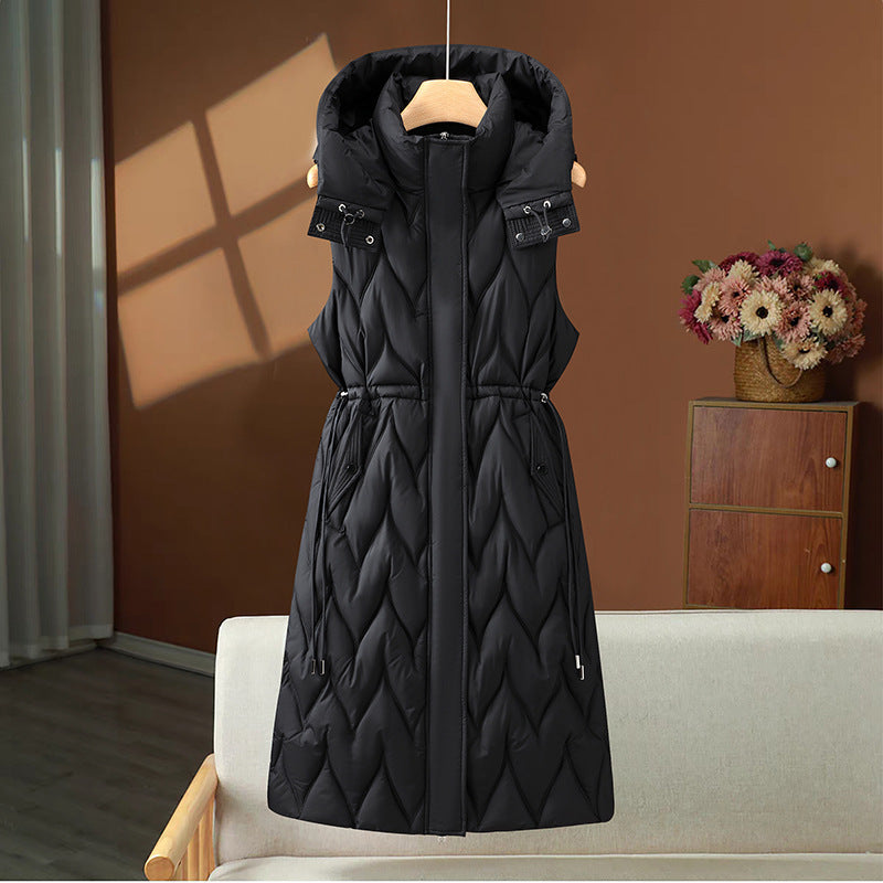 Astrid | Women's Long Quilted Puffer Vest with Hood and Drawstring Waist