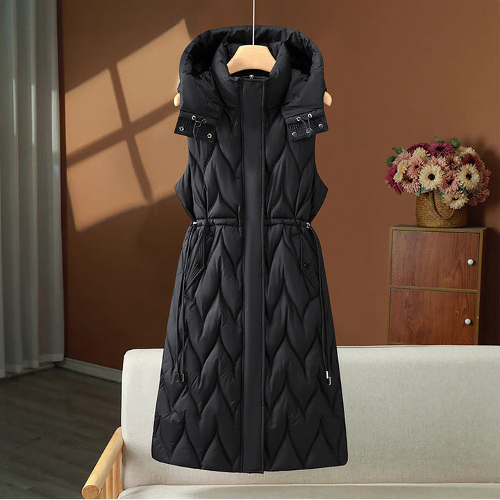 Astrid | Women's Long Quilted Puffer Vest with Hood and Drawstring Waist