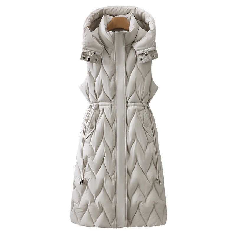 Astrid | Women's Long Quilted Puffer Vest with Hood and Drawstring Waist