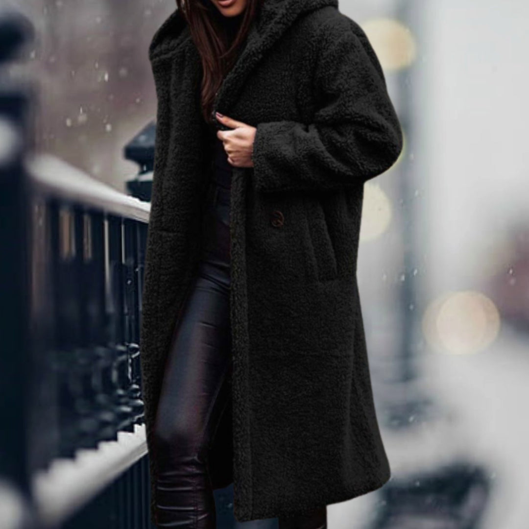 Rosamund | Women's Long Teddy Bear Coat with Notch Lapels and Open Front