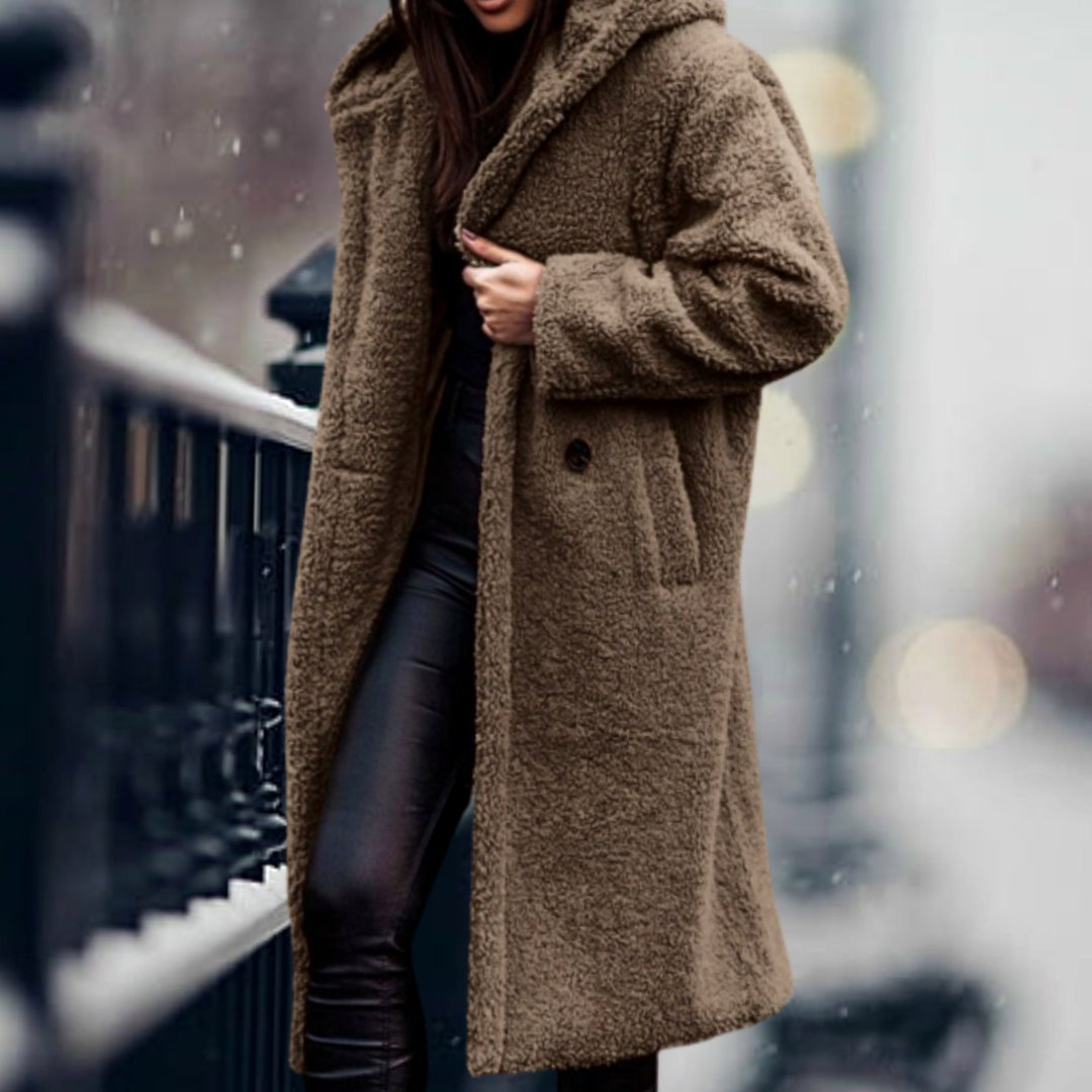 Rosamund | Women's Long Teddy Bear Coat with Notch Lapels and Open Front
