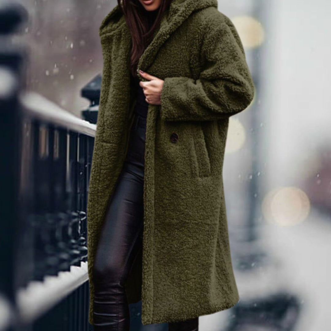 Rosamund | Women's Long Teddy Bear Coat with Notch Lapels and Open Front