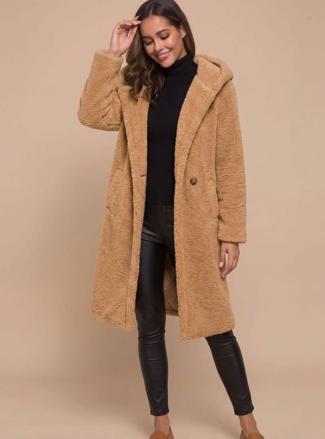 Rosamund | Women's Long Teddy Bear Coat with Notch Lapels and Open Front