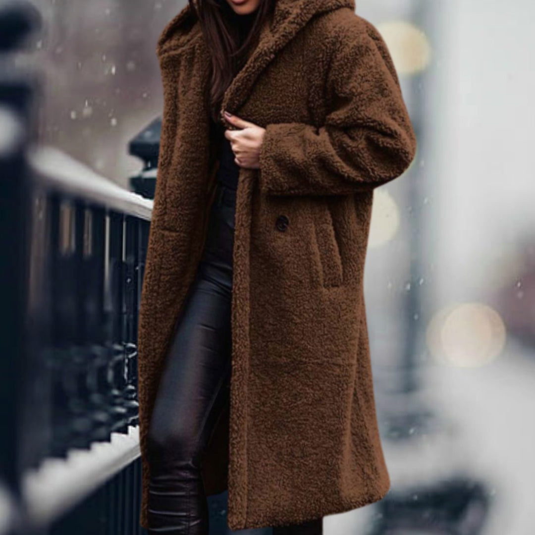 Rosamund | Women's Long Teddy Bear Coat with Notch Lapels and Open Front