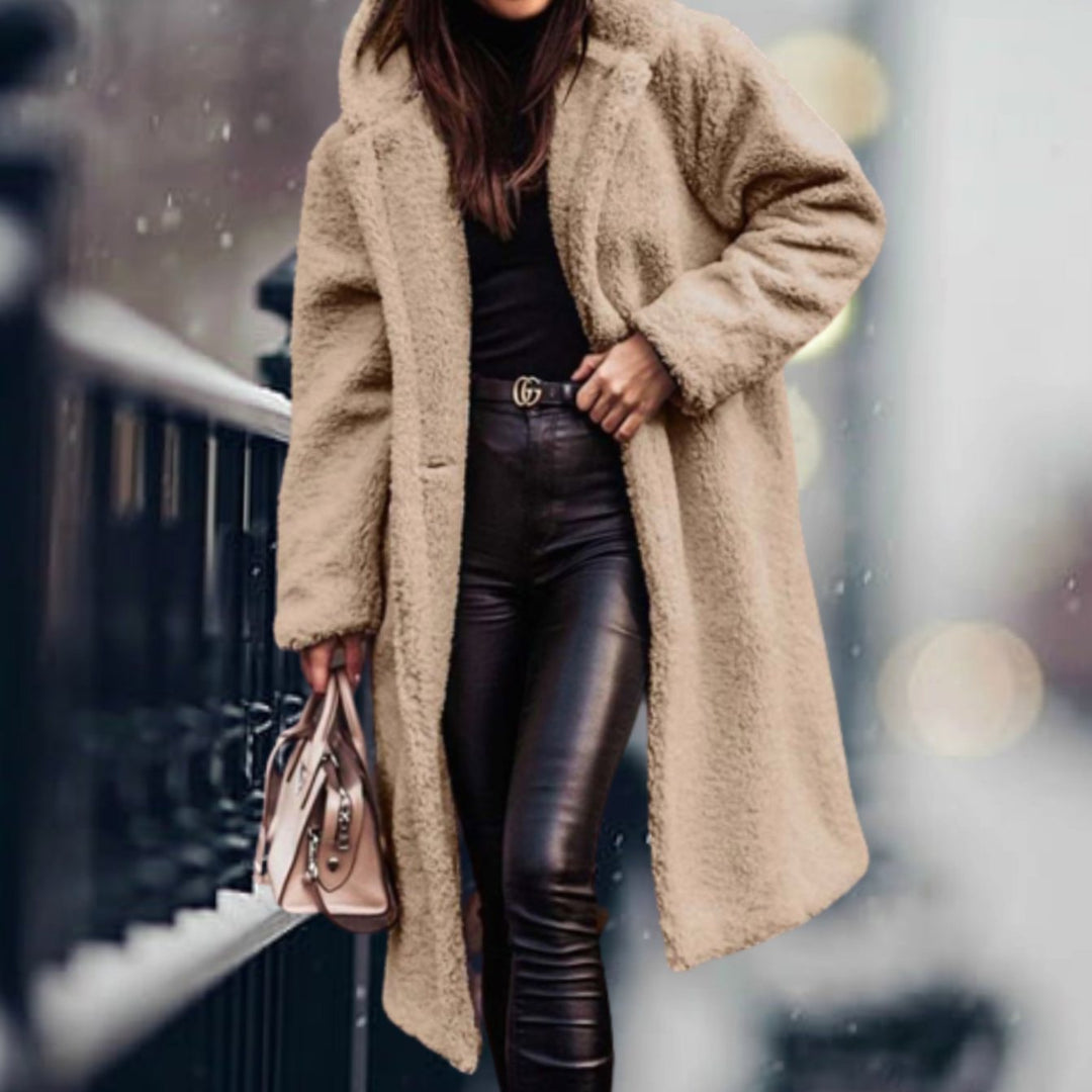 Rosamund | Women's Long Teddy Bear Coat with Notch Lapels and Open Front