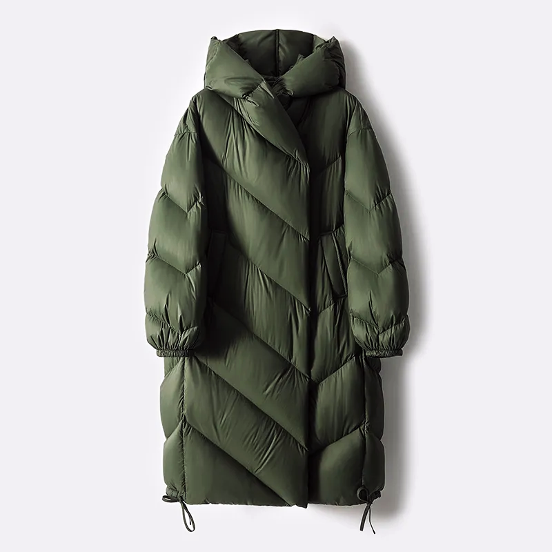 Ingrid | Women's Long Down Puffer Coat with Chevron Quilting and Hood