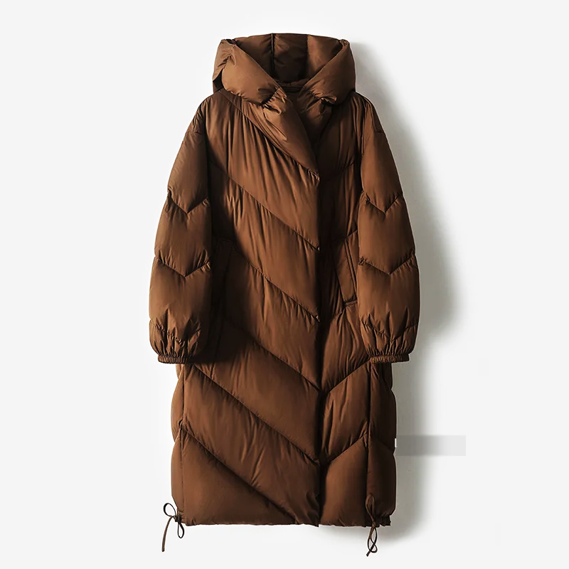 Ingrid | Women's Long Down Puffer Coat with Chevron Quilting and Hood