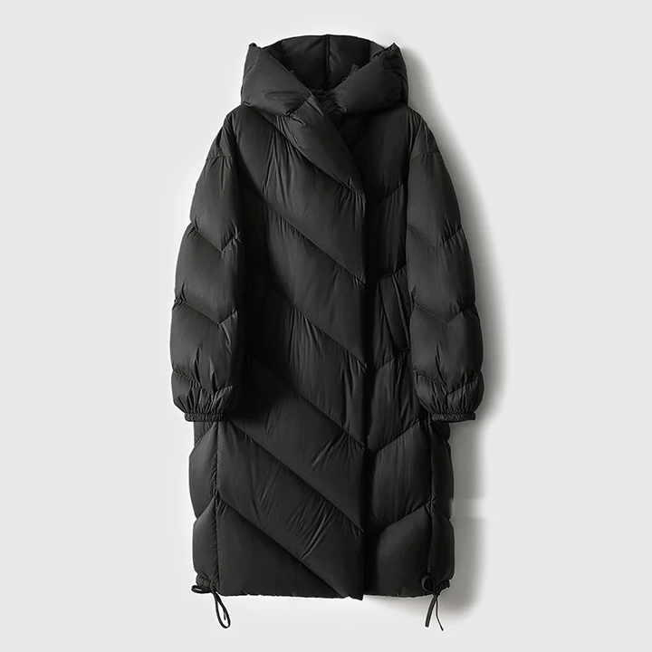 Ingrid | Women's Long Down Puffer Coat with Chevron Quilting and Hood