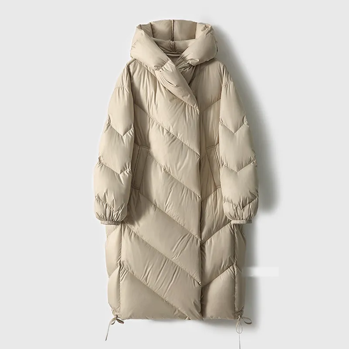 Ingrid | Women's Long Down Puffer Coat with Chevron Quilting and Hood
