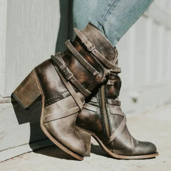 Amabelle | Women's Buckle Strap Heeled Ankle Boots with Block Heel
