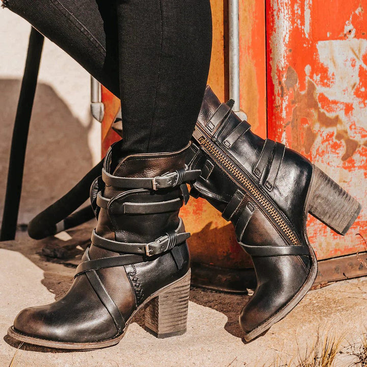 Amabelle | Women's Buckle Strap Heeled Ankle Boots with Block Heel