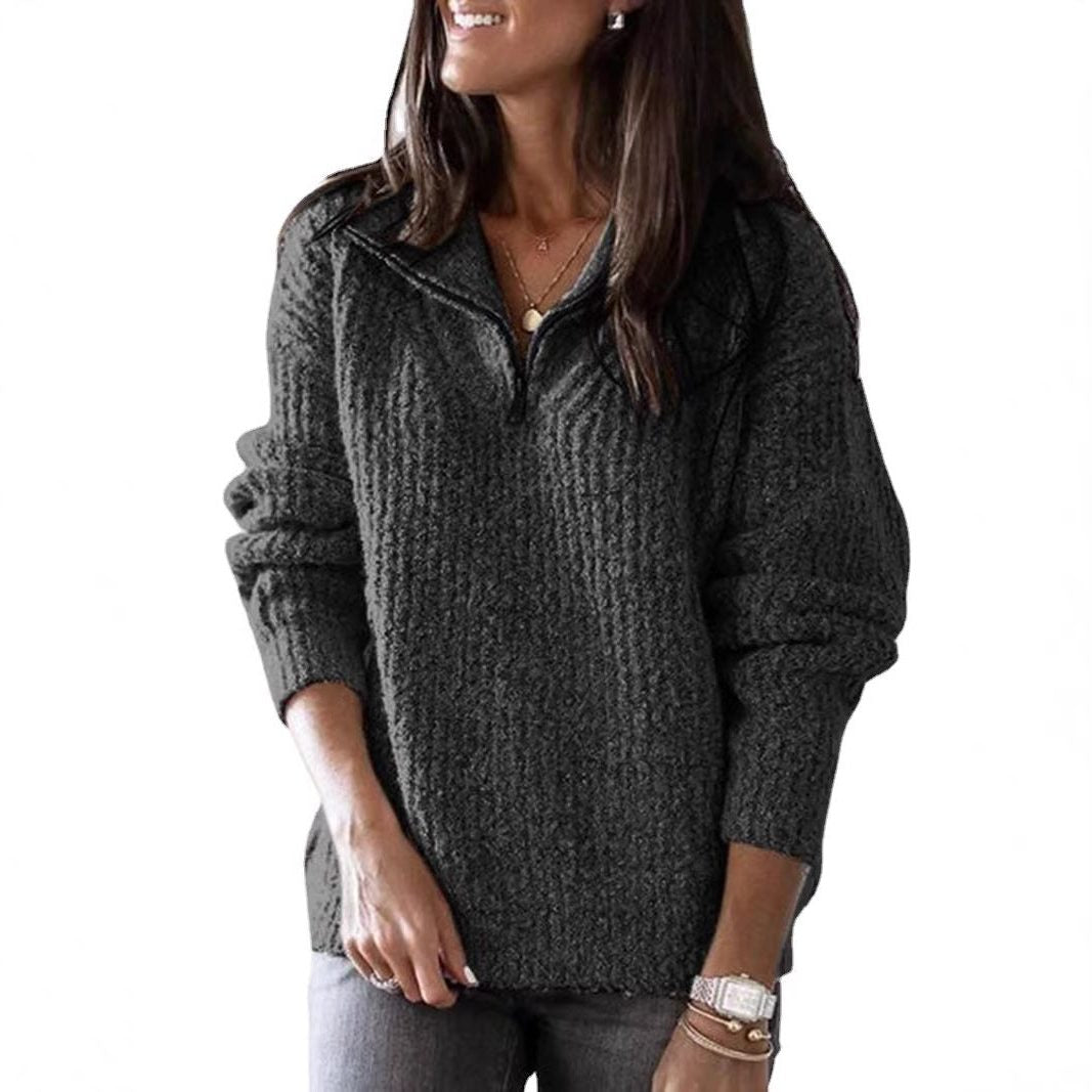 Amaia | Women's Chunky Knit Half Zip Sweater with Fold Over Collar