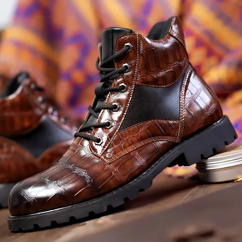 Desmond | Men's Croc Embossed Faux Leather Lace Up Ankle Boots