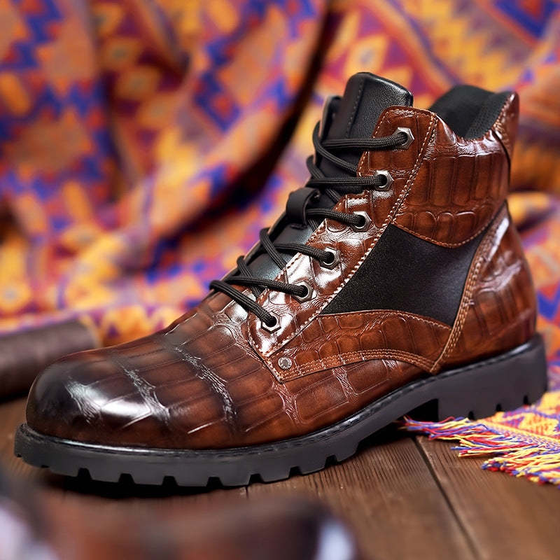 Desmond | Men's Croc Embossed Faux Leather Lace Up Ankle Boots