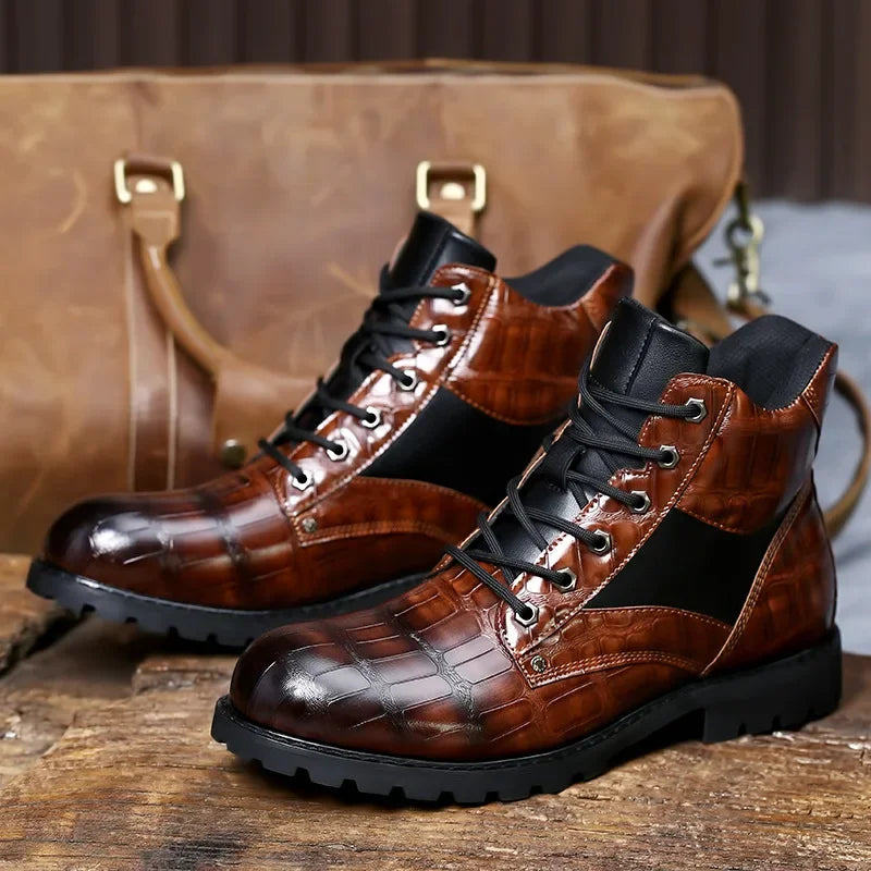 Desmond | Men's Croc Embossed Faux Leather Lace Up Ankle Boots