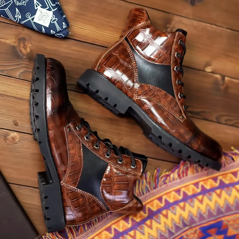 Desmond | Men's Croc Embossed Faux Leather Lace Up Ankle Boots