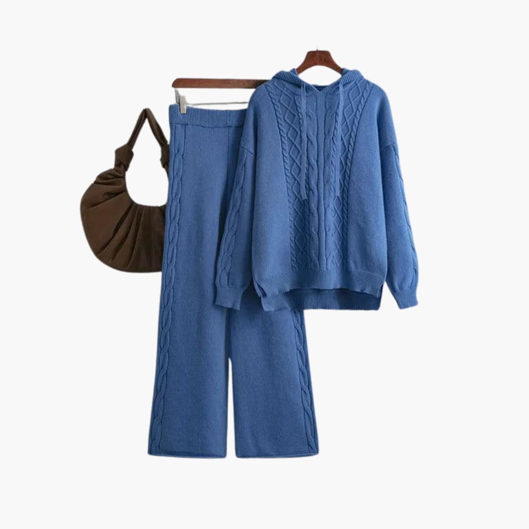 Delphine | Women's Cable Knit Hoodie Sweater Wide Leg Pants Set