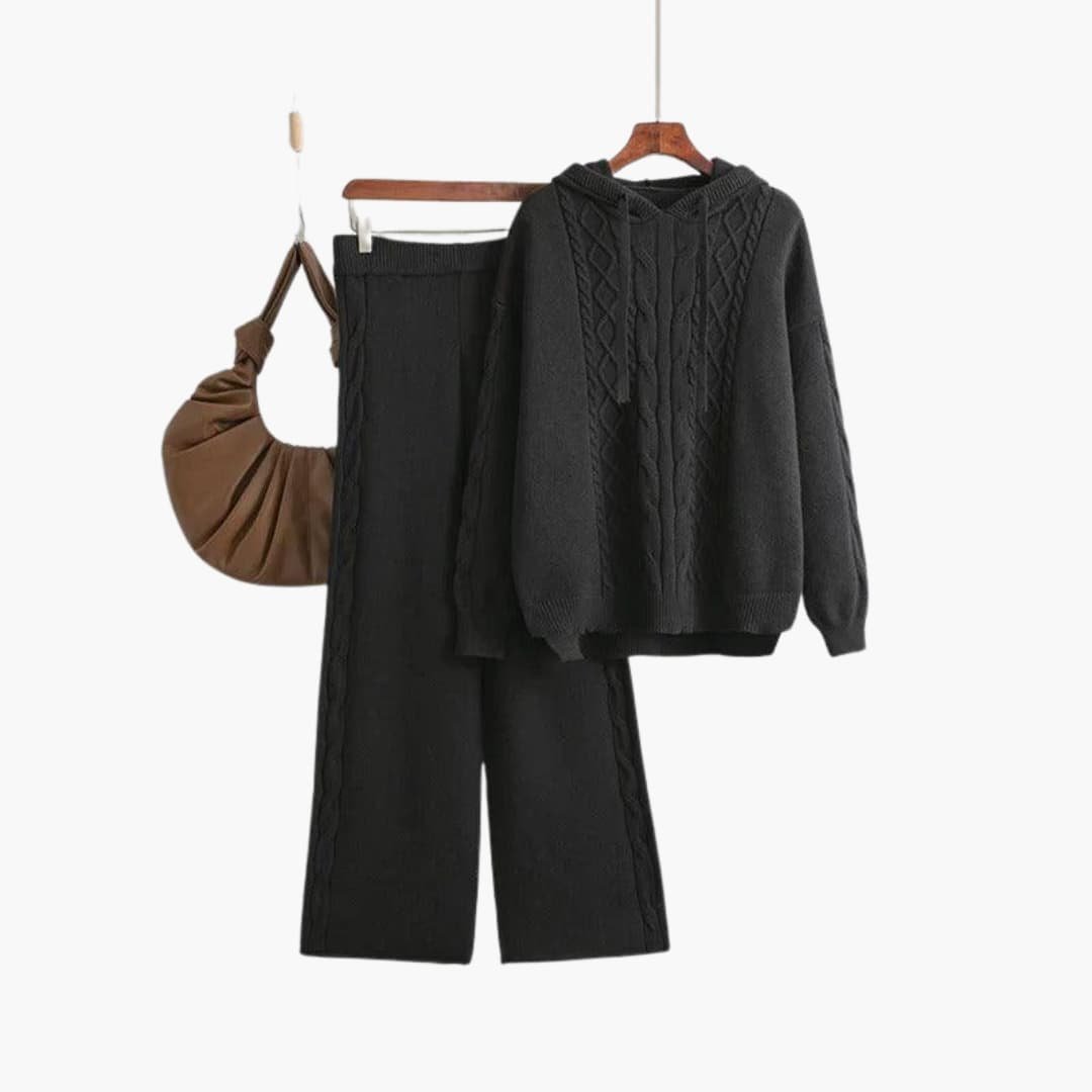 Delphine | Women's Cable Knit Hoodie Sweater Wide Leg Pants Set