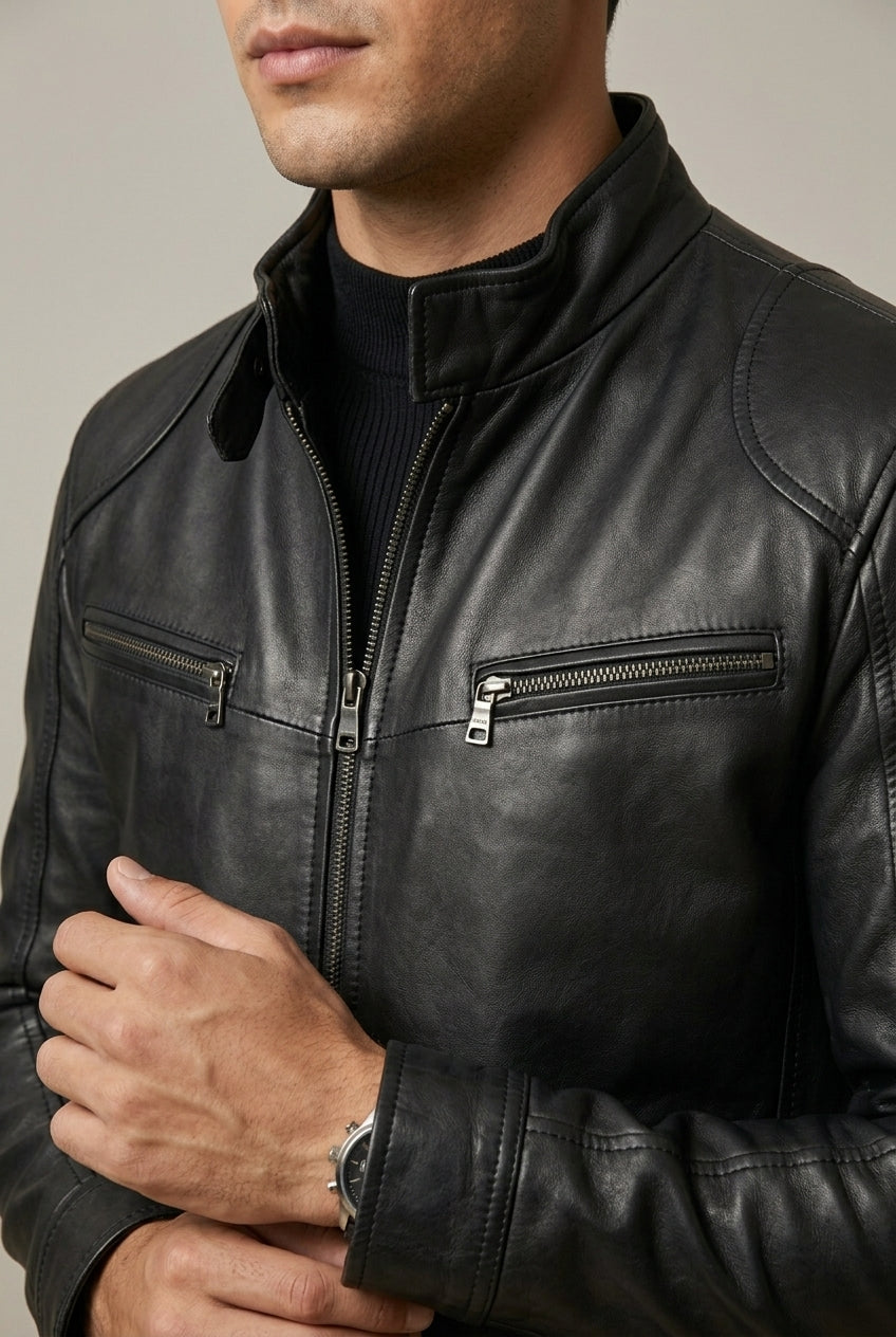 Marcus | Men's Slim Fit Moto Biker Jacket with Stand Collar