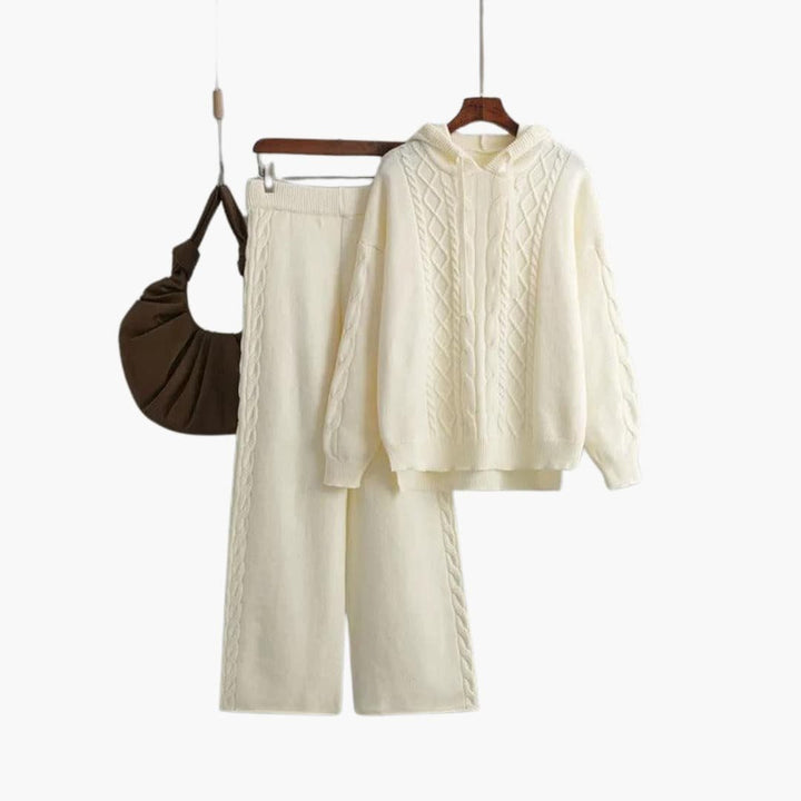 Delphine | Women's Cable Knit Hoodie Sweater Wide Leg Pants Set