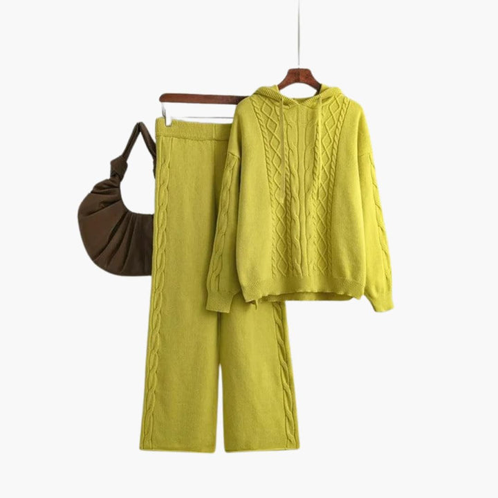 Delphine | Women's Cable Knit Hoodie Sweater Wide Leg Pants Set