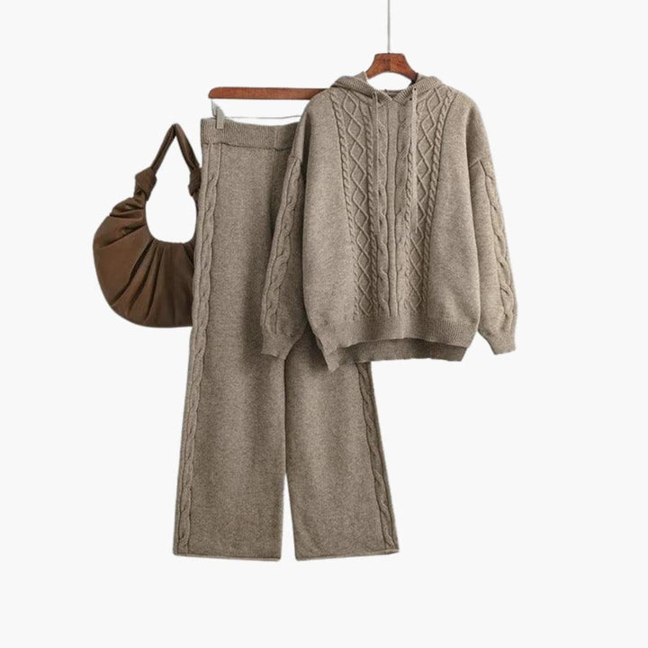 Delphine | Women's Cable Knit Hoodie Sweater Wide Leg Pants Set