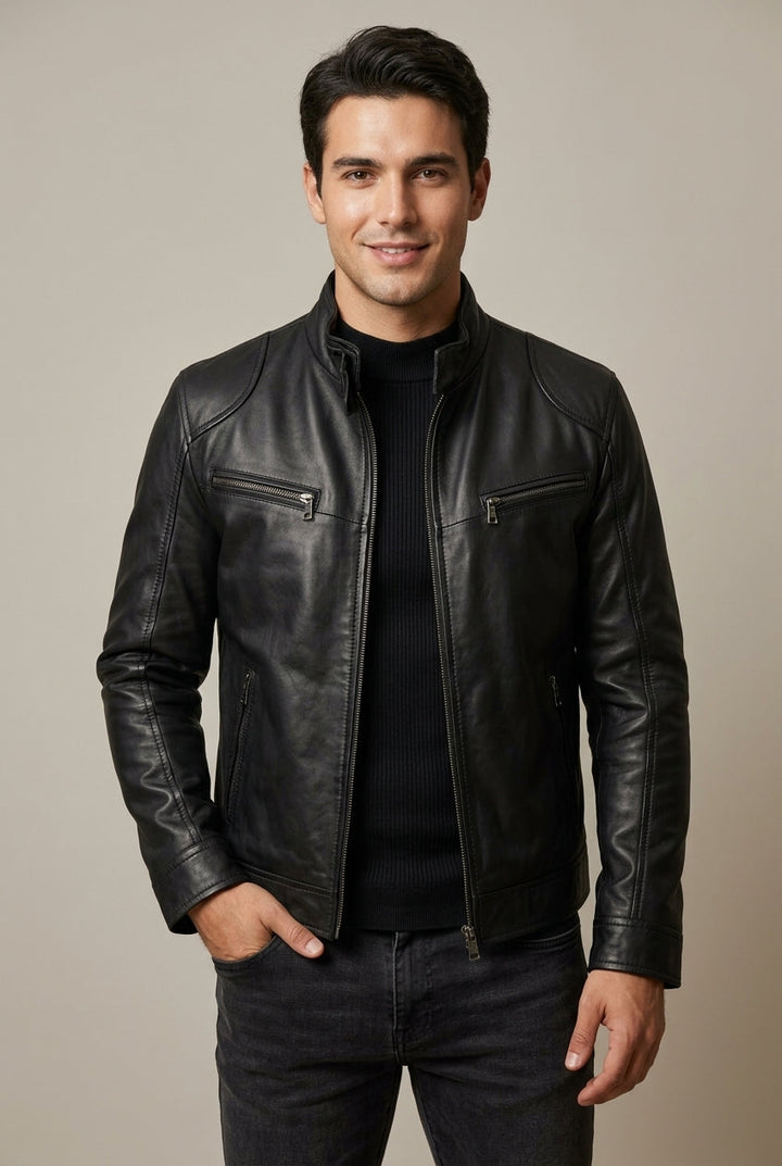 Marcus | Men's Slim Fit Moto Biker Jacket with Stand Collar