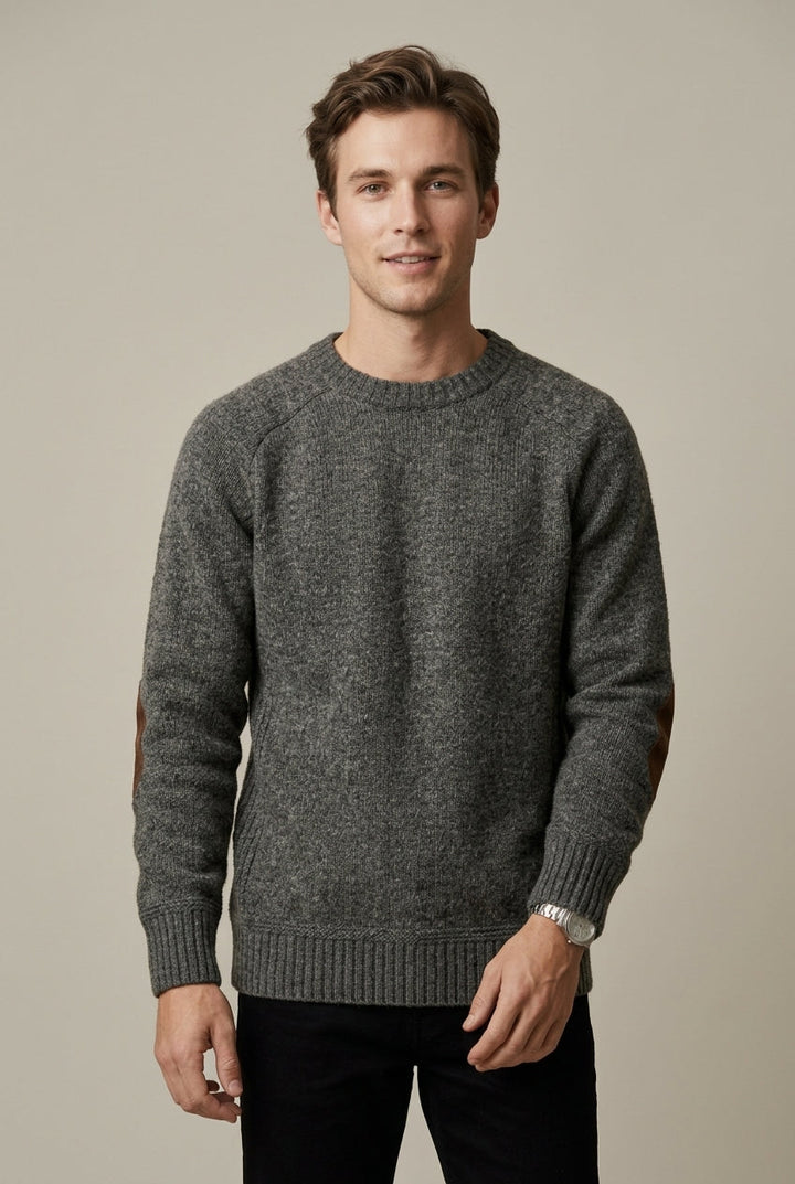 Nathaniel | Men's Wool Blend Crew Neck Sweater with Elbow Patches