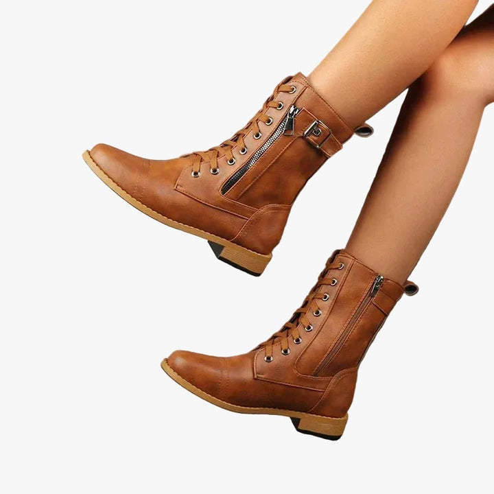 Genoveva | Women's Faux Leather Side Zip Lace Up Combat Boots
