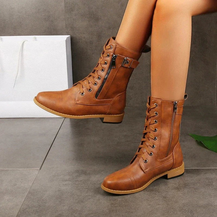 Genoveva | Women's Faux Leather Side Zip Lace Up Combat Boots