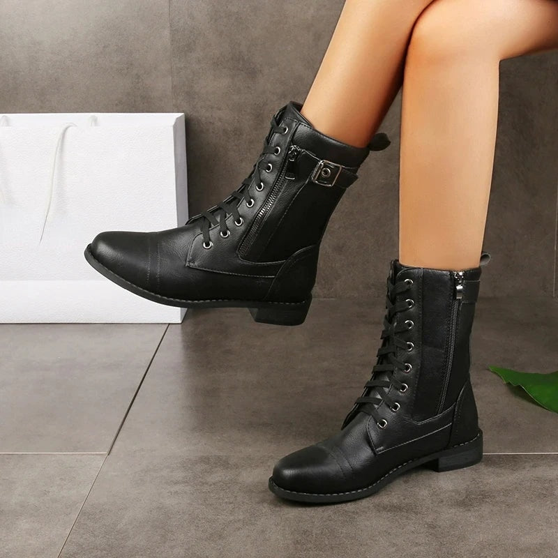 Genoveva | Women's Faux Leather Side Zip Lace Up Combat Boots