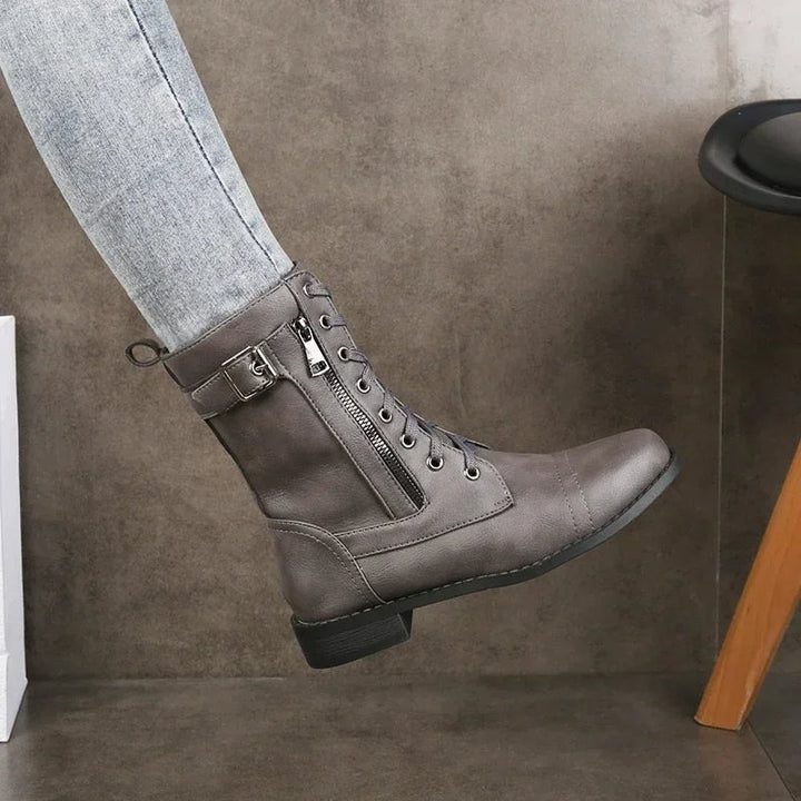 Genoveva | Women's Faux Leather Side Zip Lace Up Combat Boots